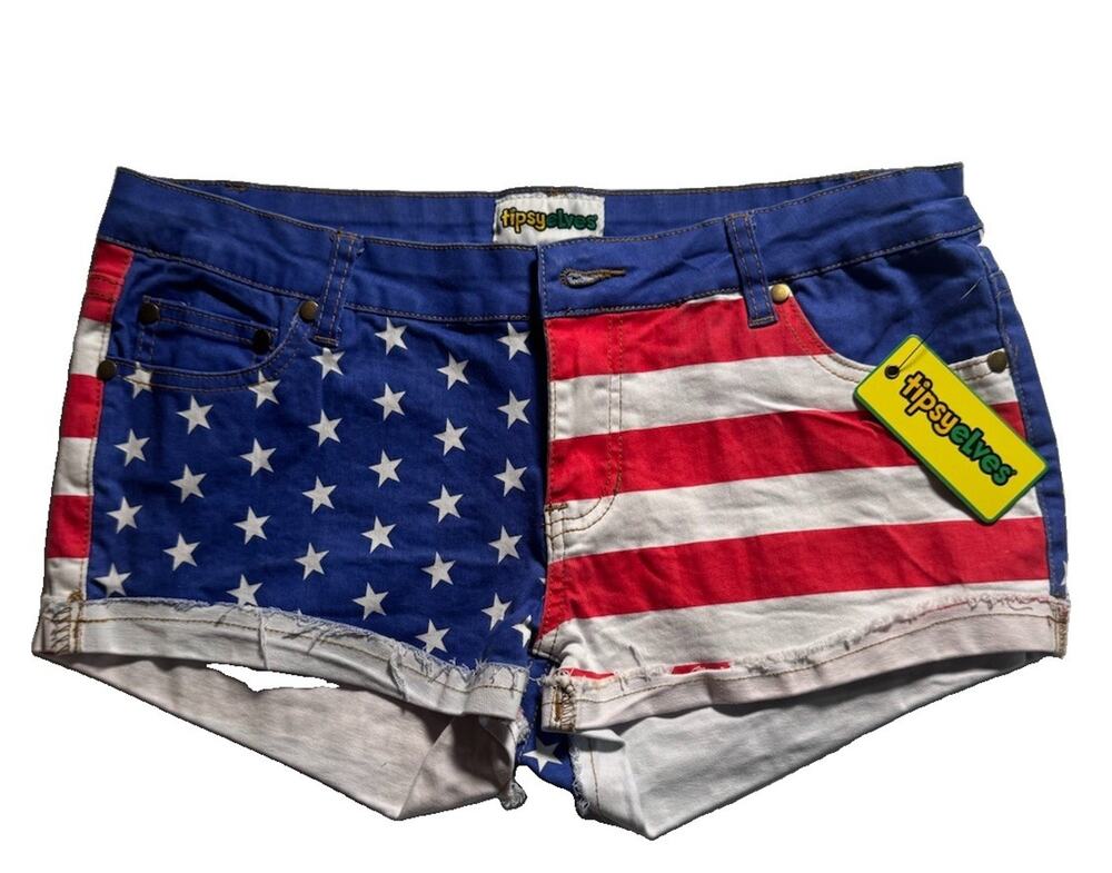 Tipsy Elves Jean Shorts Women's Large Red White Blue American Flag 4th July USA